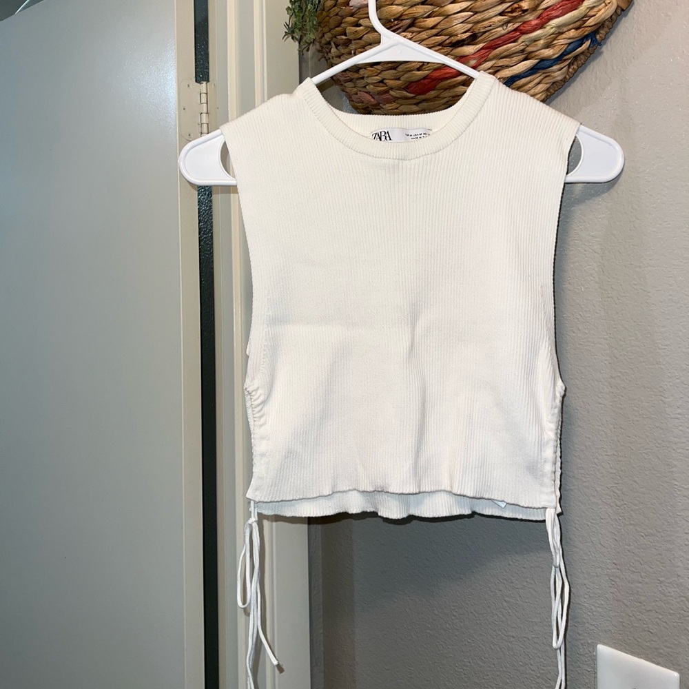 Zara White Ribbed Knit Top with Drawstrings